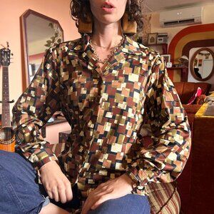 Late 1970s Geometric satin brown green square print button up from XXX manager